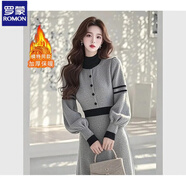 羅蒙法式質(zhì)名媛高端女神范感廳里廳氣小香風(fēng)灰色圓領(lǐng)針織連衣裙女 感灰色【原版加厚假兩件】 M 【建議100-110斤穿】