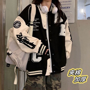 韓惠芷美式復古棒球服外套女2025秋冬加絨學(xué)生寬松連帽百搭刺繡夾克女 A38黑色冬款 【皮袖夾棉加厚】 L 【建議100-125斤】