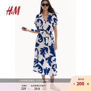 H&M女裝花卉連衣裙秋季通勤優(yōu)雅印花V領(lǐng)腰部系帶襯衫式長裙1233620 白色/藍色圖案 XS 155/80