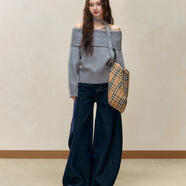 ELEVEN SLEEP秋季新款麻花掛脖毛衣女慵懶風(fēng)修身設計感一字肩上衣 水洗藍牛仔褲（不加絨） S