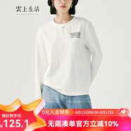 雲(yún)上生活女裝口袋膠印印花T恤春秋款寬松打底衫長(zhǎng)袖T恤T5993X 象牙白 L