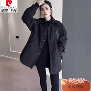 皮爾卡丹韓版寬松棉衣女中長(zhǎng)款?yuàn)A棉襯衫大碼外套百搭 黑色 M