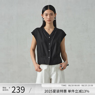 阿依蓮【商場(chǎng)同款】氣質(zhì)短袖襯衫女夏季2025新款薄款V領(lǐng)高檔無(wú)袖上衣 黑色 S