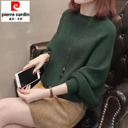 皮爾卡丹春秋裝新款蝙蝠衫套頭寬松上衣顯瘦純色織衫蝙蝠袖氣質(zhì)毛衣女 軍綠色 M 80-140斤可穿