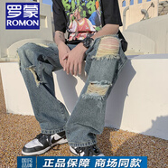 羅蒙（ROMON）美式高街破洞牛仔褲男夏季港風(fēng)潮流直筒長褲ins潮牌街頭乞丐褲子 復(fù)古藍(lán) M