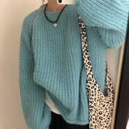 HUALIN FASHION2025秋冬季日系慵懶風純色粗線復古套頭毛衣女糖果色針織上衣 藍 均碼
