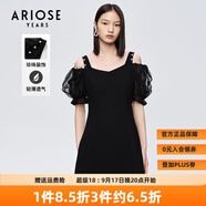 艾諾絲雅詩【商場同款】夏新珍珠網(wǎng)紗泡泡袖短袖小清新小黑裙連衣裙10429006 黑色 L