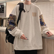 利赫倫（LIHELUN）新中式潮牌刺繡拼接衛衣男春秋國風(fēng)大碼oversize衣服長(cháng)袖圓領(lǐng)上衣 淺灰色 L