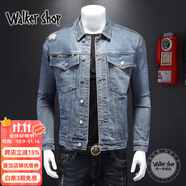 Walker Shop 牛仔夾克男潮流春秋季休閑百搭修身男士外套歐洲風(fēng)刺繡牛仔上衣 復古藍 3XL 150-165斤