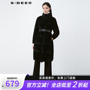 sdeer圣迪奧2021冬季寬松型OL女裝高領撞色字母燈芯絨長款羽絨服S21462425 黑色/91 M/165