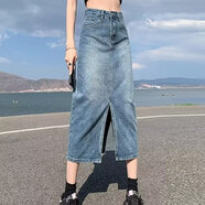 原宿新款時(shí)尚牛仔半身裙女2024新款高腰開(kāi)叉包臀a字中長(cháng)裙子秋冬 藍色 S
