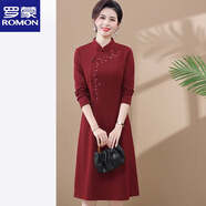 羅蒙（ROMON）喜婆婆婚宴時(shí)尚禮服秋裝改良旗袍連衣裙女春秋季媽媽紅色洋氣結婚 酒紅色 4XL 【建議130-145斤】