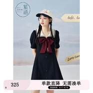 紫涵（ZIHAN）紫涵學(xué)院風(fēng)連衣裙女夏季甜美撞色翻領(lǐng)收腰小個(gè)子A字短裙 黑藏青 S