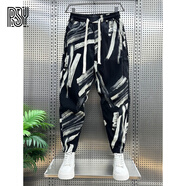 BG GLAMURB輕奢品牌男士哈倫褲子中國風(fēng)亞麻秋裝冰絲透氣男士九分束腳褲 黑白紋 34