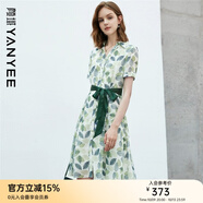 顏域印花連衣裙女士秋裝新款時(shí)尚減齡收腰顯瘦碎花裙子 綠色短袖 S/36