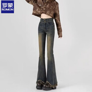 羅蒙復古牛仔褲女新款高腰彈力顯瘦流蘇毛邊喇叭褲氣質(zhì)修身小個(gè)子 953復古藍 S 建議80-98斤