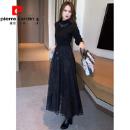 皮爾卡丹（pierre cardin）2025年春秋冬季新款加厚蕾絲拼接針織連衣裙女打底衫毛衣裙子顯瘦 黑色 M (85-100斤)