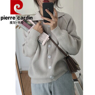 皮爾卡丹（pierre cardin）開衫毛衣慵懶風(fēng)翻領(lǐng)針織衫單排扣毛衣女韓國純色加厚復(fù)古長袖外套 灰色 S 建議80-95斤