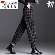 啄木鳥(niǎo)高檔春夏文藝英倫風(fēng)格羊毛格紋燈籠褲新休閑修身高腰暖腿胡蘿卜褲 黑白格子 M 建議85-105斤
