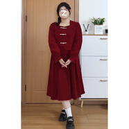 法式復(fù)古長(zhǎng)袖連衣裙女加碼女性胖mm法國(guó)覆古方領(lǐng)天鵝絨連衣裙女性 酒紅色 2XL