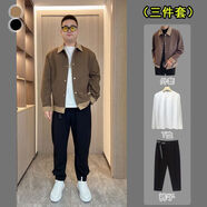自語(yǔ)（ZIYU）【三件套】秋春裝男華夫格大碼工裝夾克套裝休閑寬松翻領(lǐng)百搭外套 咖色外套+白T+腰帶褲 M  建議（90一120斤）