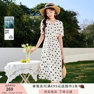 香影（xiangying）法式波點連衣裙女2025春夏新款復(fù)古氣質(zhì)短袖正肩高腰v領(lǐng)裙子 米色 L