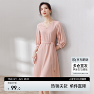 尚都比拉V領(lǐng)系帶法式連衣裙夏季2024氣質(zhì)女神范中長(cháng)款顯瘦裙子 粉色 M 
