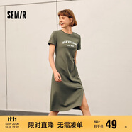 森馬連衣裙女復(fù)古休閑中長裙春夏心機(jī)字母開叉T恤裙101324114026