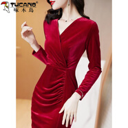 啄木鳥(niǎo)（TUCANO）法式設計感金絲絨V領(lǐng)連衣裙女秋冬新款辣妹性感收腰顯瘦包臀裙子 AQ9924紅#01 XL