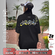 404MOBGANG[明星同款]404MOB手寫花卉刺繡短袖T恤男女款美式寬松涼感防曬t 黑色 L