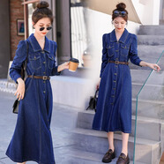 夏典素訂女王（SE.PSTP）法式復古牛仔連衣裙女2025春秋季新款收腰顯瘦歐洲站高端襯衫長(cháng)裙 牛仔藍 L (建議105-115斤 高品質(zhì))