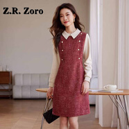 Z.R.Zoro輕奢品牌連衣裙女2025秋季新款小香風(fēng)氣質(zhì)襯衫領(lǐng)拼接假兩件裙子女 復(fù)古紅 S