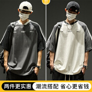 木清清復(fù)古風(fēng)短袖球服夏季男士落肩袖男裝寬松t恤男生美式上衣服 灰色+花灰(兩件裝，優(yōu)惠十元) M (90-115斤)