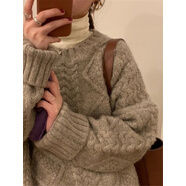 NJTD新款秋冬粗毛線(xiàn)麻花毛衣女套頭寬松慵懶風(fēng)加厚外穿冬季上衣均碼 駝色