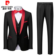 皮爾卡丹（pierre cardin）西服男套裝修身休閑英倫職業(yè)裝小西裝純色外套新郎結婚禮服六件套 西服6件套紅領(lǐng) 襯衫偏小默認大一碼