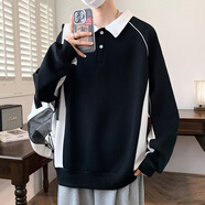費(fèi)洛仕新品青年t恤男長(zhǎng)袖加絨加厚男士棉線有領(lǐng)帶領(lǐng)秋冬裝保暖翻領(lǐng)上衣 FB00黑色 XL （120-135斤）