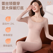 多情貓羊絨蠶絲保暖內衣10A抑菌暖宮帶胸墊加絨秋衣秋褲套裝秋冬打底衫 蕾絲圓領(lǐng)粉膚套裝（上衣+褲子） 【10A綿羊毛蠶絲】 L 【100-120斤】