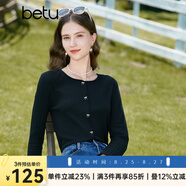 百圖betu女裝秋新款T恤圓領(lǐng)長(zhǎng)袖精致蝴蝶結(jié)紐扣針織T恤女2308T19 黑色 XS