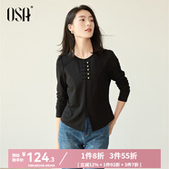 歐莎（OSA）新中式盤扣國風長袖T恤2025秋季新款女小開叉寬松慵懶上衣氣質(zhì) 黑色 M