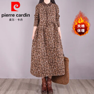 皮爾卡丹復古夾棉小碎花棉麻連衣裙大碼女裝時(shí)尚保暖長(cháng)款polo襯衫a字裙子 咖啡色夾棉 M 【90-110斤】
