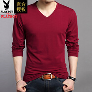 花花公子（PLAYBOY）春秋冬V領(lǐng)長(cháng)袖t恤男士純棉體恤打底衫純色雞心領(lǐng)衛衣男丅 酒紅Y1628 純棉舒適款 v領(lǐng)長(cháng)袖T 4XL -190 建議190-200斤