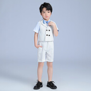 卡米班兒童西裝套裝帥氣男童禮服主持人鋼琴演出服小男孩花童鋼琴表演夏 白條馬甲+短褲+淺藍短袖襯衫+淺 170 cm(170cm)