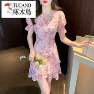 啄木鳥（TUCANO）2025年夏季新款泡泡袖V領(lǐng)小個(gè)子碎花雪紡短裙修身魚尾粉色連衣裙 短款 L