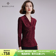 MORELINE沐蘭設(shè)計感斜門襟肌理感T恤女士2024秋裝新款減齡修身收腰V領(lǐng)體恤 棗紅 2XL 44