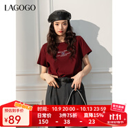 LAGOGO【蘭花系列】舒適正肩T恤女拉谷谷2025年春季新款印花短袖 酒紅色 S