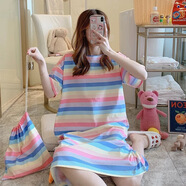 朵梵蓮（Duofanlian）睡裙少女短袖韓版卡通學(xué)生家居服夏季睡衣薄款大碼長(cháng)款過(guò)膝連衣裙 彩虹條紋裙 M