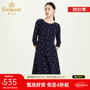 喬萬尼新款春秋裝長袖圓領收腰顯瘦氣質印花珍珠扣中長款連衣裙 蘭花兔 M