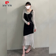 皮爾卡丹不規(guī)則撞色拼接露肩連衣裙女2025秋季新款氣質(zhì)假兩件修身打底長裙 黑拼灰 S 建議80-90斤