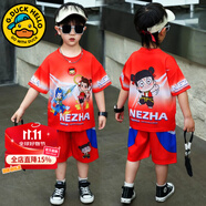 G.DUCKKIDS童裝男童夏裝套裝時髦蜘蛛俠衣服兒童夏季套裝卡通短袖兩件套男孩 紅色05款哪吒 90 建議身高80-90cm1歲半-2歲cm