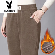 花花公子（PLAYBOY）秋季新款女中年媽媽裝時(shí)尚休閑百搭修身顯瘦純色寬松加絨RR小腳褲 淺咖色加絨 加厚 2XL 90-115斤